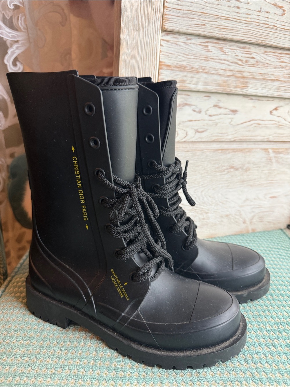 Christian Dior Black Lace-Up Rubber Combat Boots
